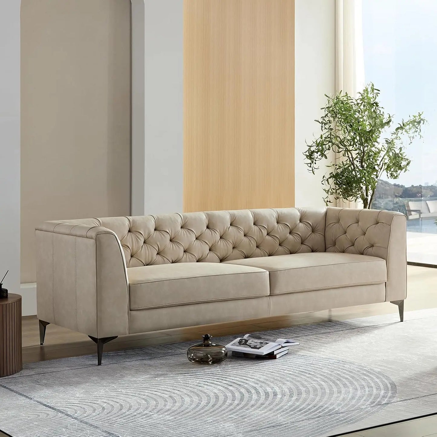 90.5” Leather Sofa,Mid Century Modern Couch,Leather Oversize Loveseat,3-Seater Deep Seat Sofa for Living Room,Office,Small