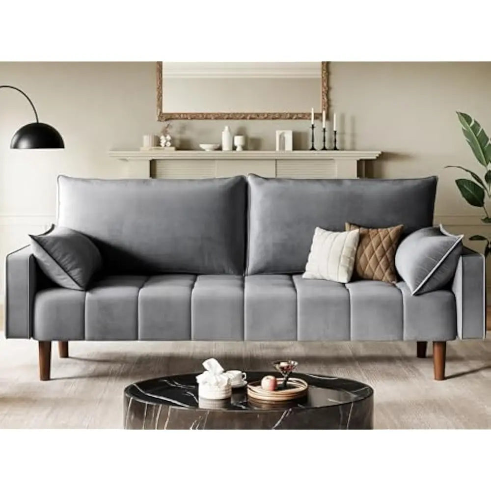 67" Loveseat Sofa with 2 Pillow Included, Velvet Fabric Couch, 3Seater Sofa w/Button Tufted Seat and Side Storage Pockect