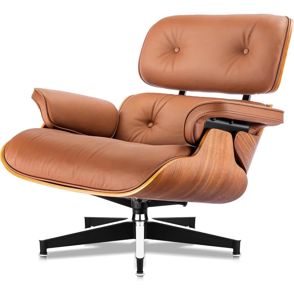 Top Black Grain Leather, Mid Century Chaise Lounge Chair and Ottoman, Modern Chair Classic Design, Walnut Wood, Heavy Duty Base