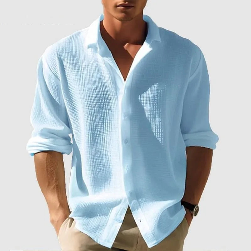 Men's Long-sleeved Shirt Waffle Spring Button Casual Fashion Black Top Street Cardigan 2025 New Blouses for Male
