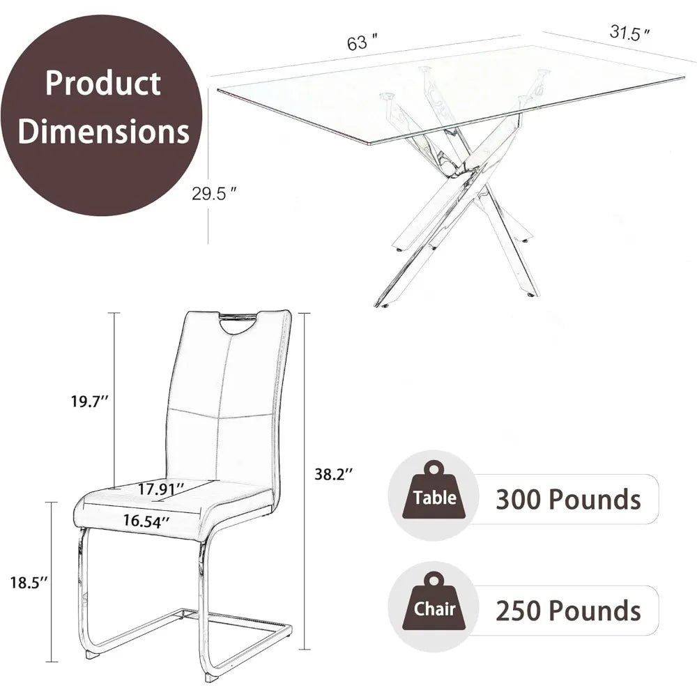 Dining Table Set for 6, Modern Tempered Glass Top Table and PU Leather Chairs, Black with Silver Base Dining Room Set