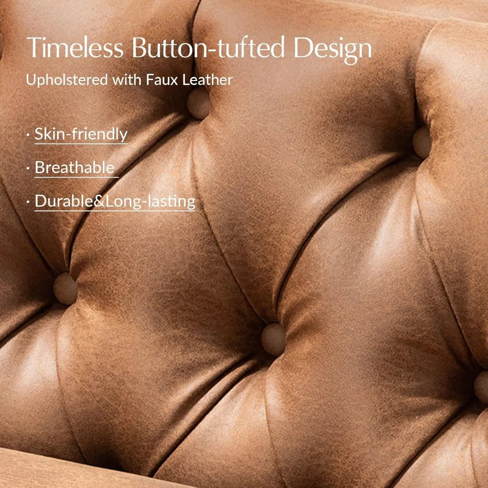 84" W Faux Leather Sofa Couch with Metal Legs, Button-Tufted 3-Seater Sofa, Mid Century Modern Upholstered Couch for Living Roo