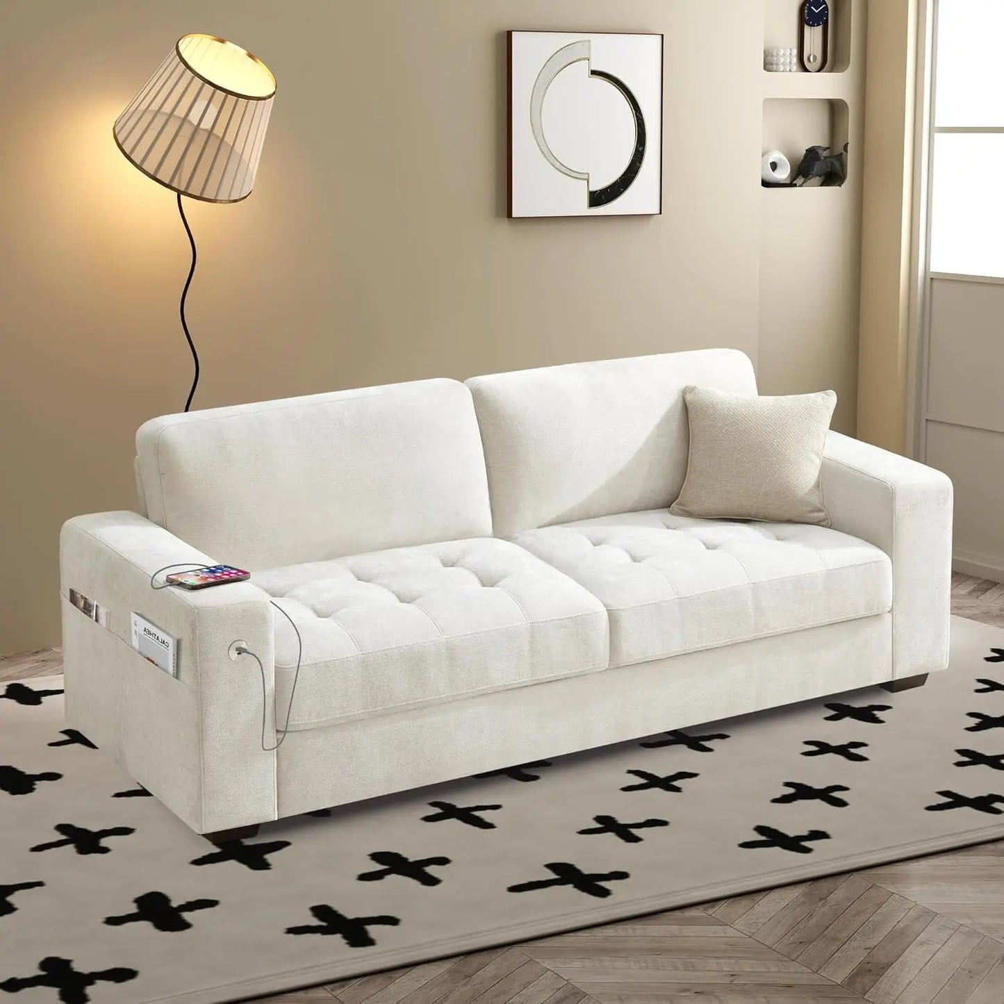 89" Modern Sofa for Living Room Apartment 3 People Seat, Deep Seat & Wide Armrest Chenille Sofa Couch with USB/Type-