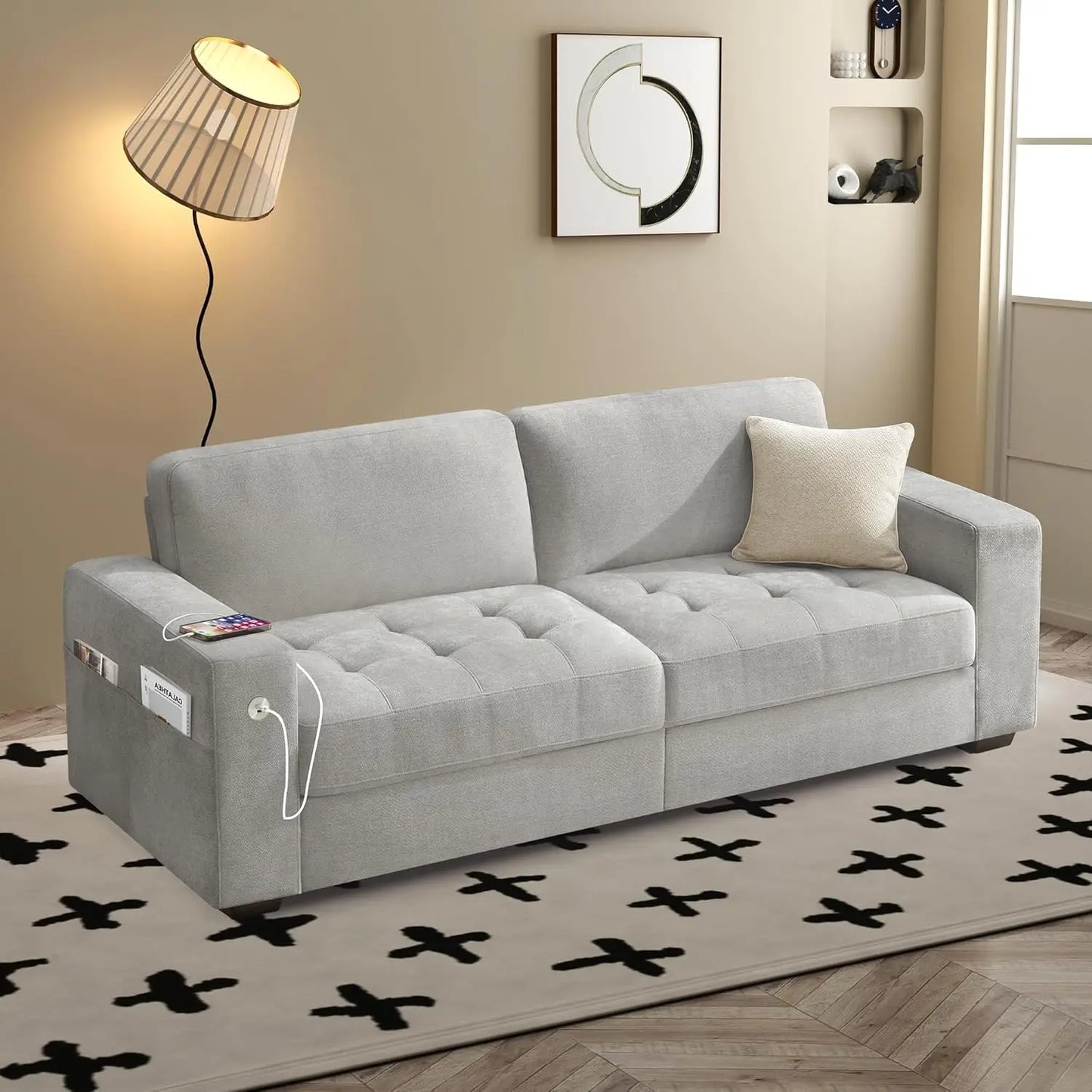 89" Modern Sofa for Living Room Apartment 3 People Seat, Deep Seat & Wide Armrest Chenille Sofa Couch with USB/Type-