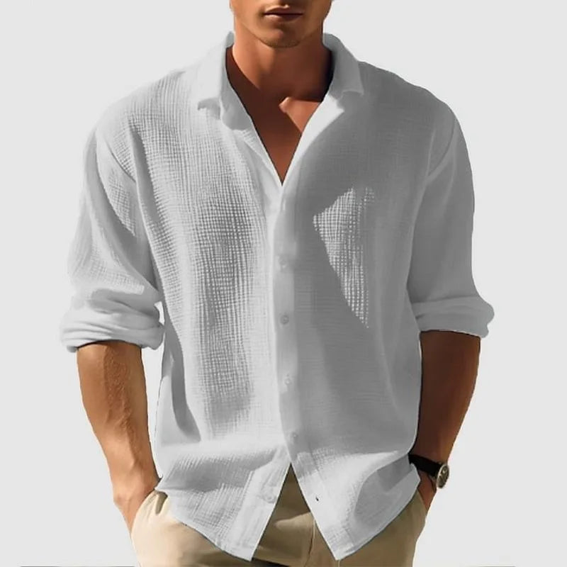 Men's Long-sleeved Shirt Waffle Spring Button Casual Fashion Black Top Street Cardigan 2025 New Blouses for Male