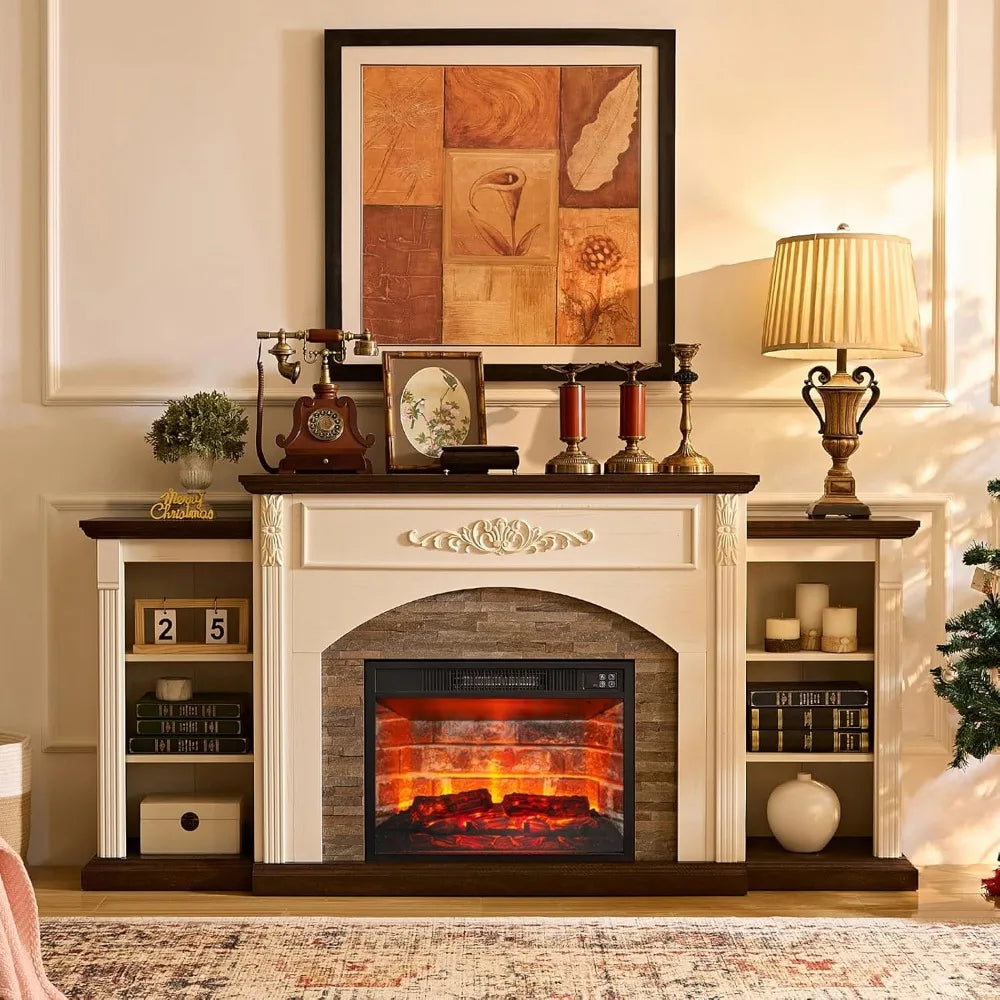 72" Electric Fireplace with Mantel, Farmhouse TV Stand for TVs Up to 80 Inch, White Entertainment Center with Storage for Bedroo