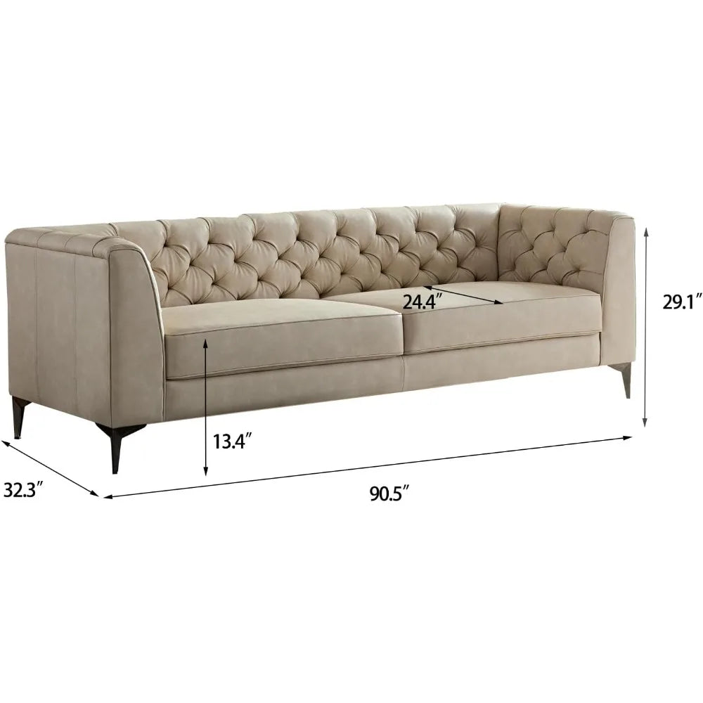90.5” Leather Sofa,Mid Century Modern Couch,Leather Oversize Loveseat,3-Seater Deep Seat Sofa for Living Room,Office,Small