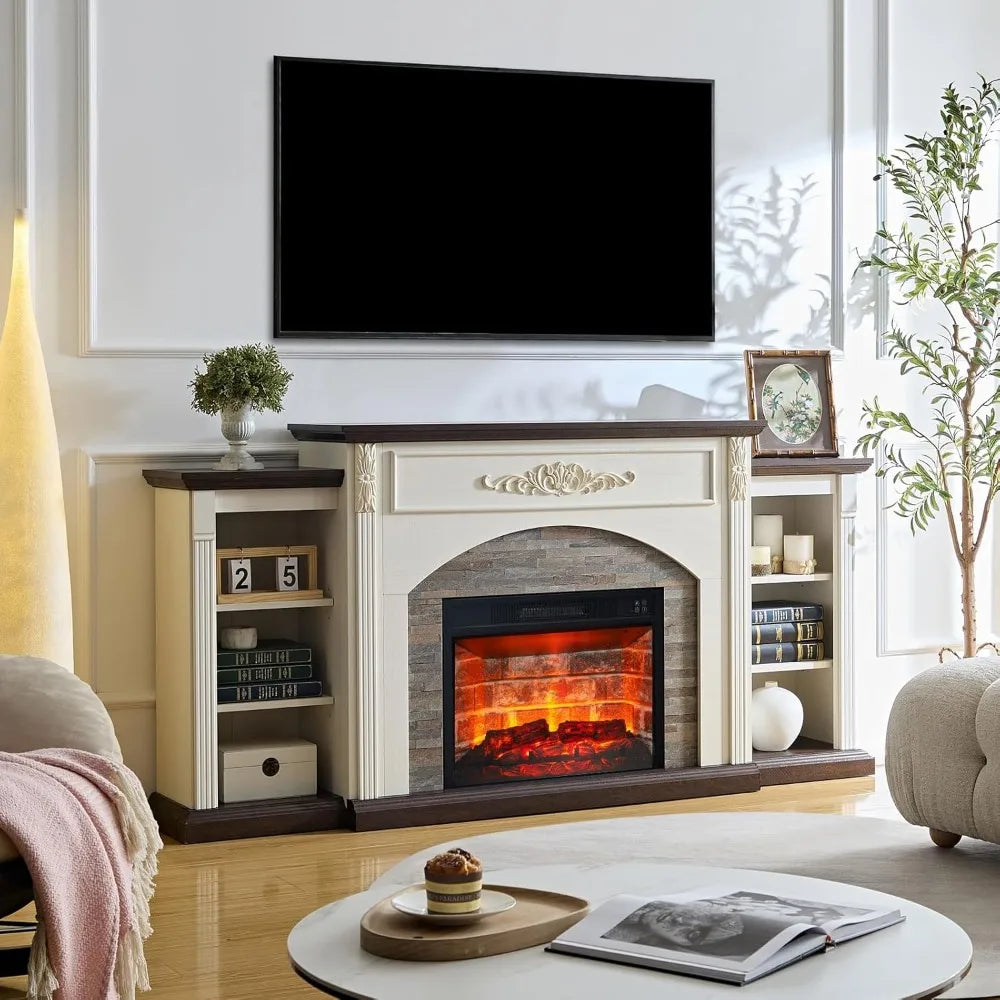 72" Electric Fireplace with Mantel, Farmhouse TV Stand for TVs Up to 80 Inch, White Entertainment Center with Storage for Bedroo