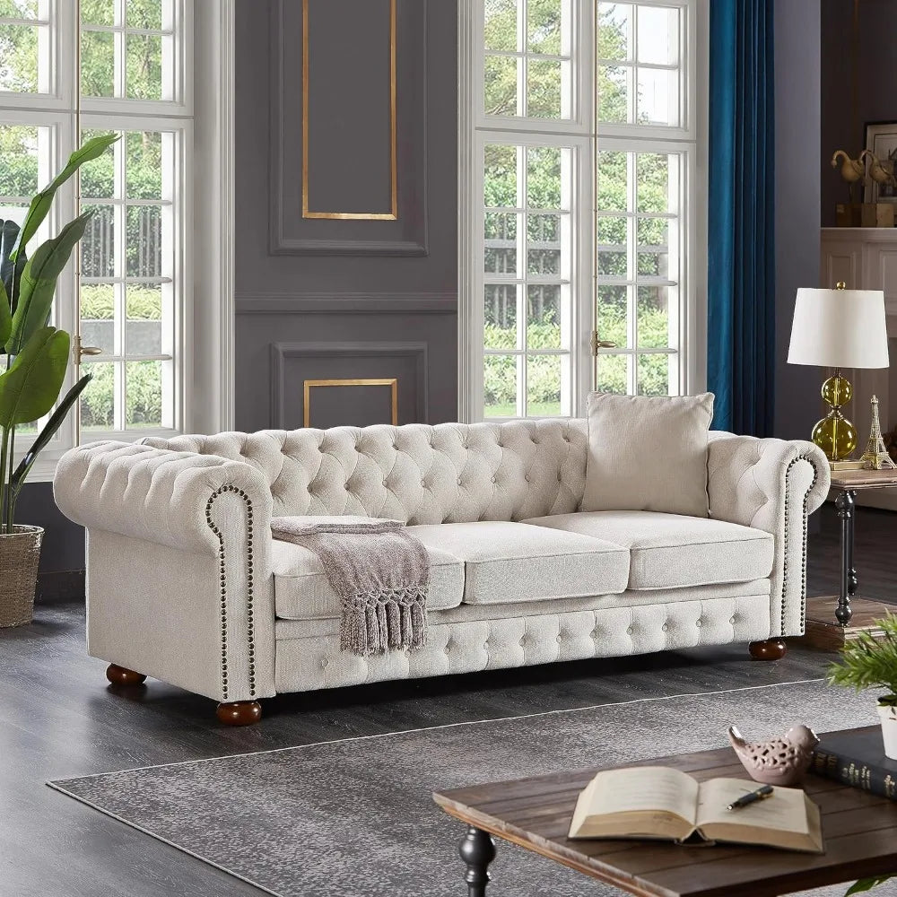 Chesterfield Sofa, 89" Mid Century Modern Couch with Low Back, Roll Arm Nailhead Trim Classic 3 Seater Couch for Living Room, Of