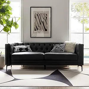 84" W Faux Leather Sofa Couch with Metal Legs, Button-Tufted 3-Seater Sofa, Mid Century Modern Upholstered Couch for Living Roo