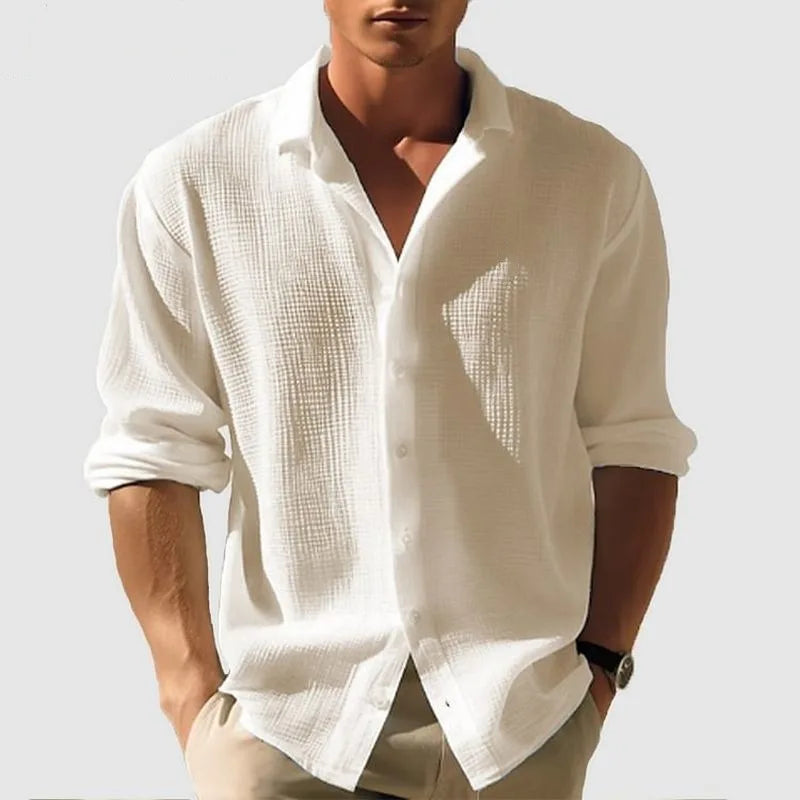 Men's Long-sleeved Shirt Waffle Spring Button Casual Fashion Black Top Street Cardigan 2025 New Blouses for Male