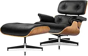 Top Black Grain Leather, Mid Century Chaise Lounge Chair and Ottoman, Modern Chair Classic Design, Walnut Wood, Heavy Duty Base