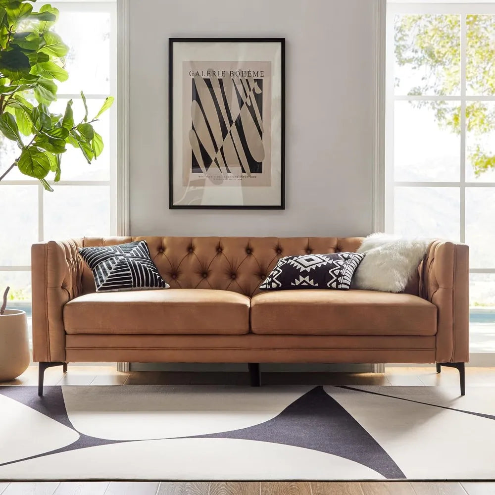 84" W Faux Leather Sofa Couch with Metal Legs, Button-Tufted 3-Seater Sofa, Mid Century Modern Upholstered Couch for Living Roo