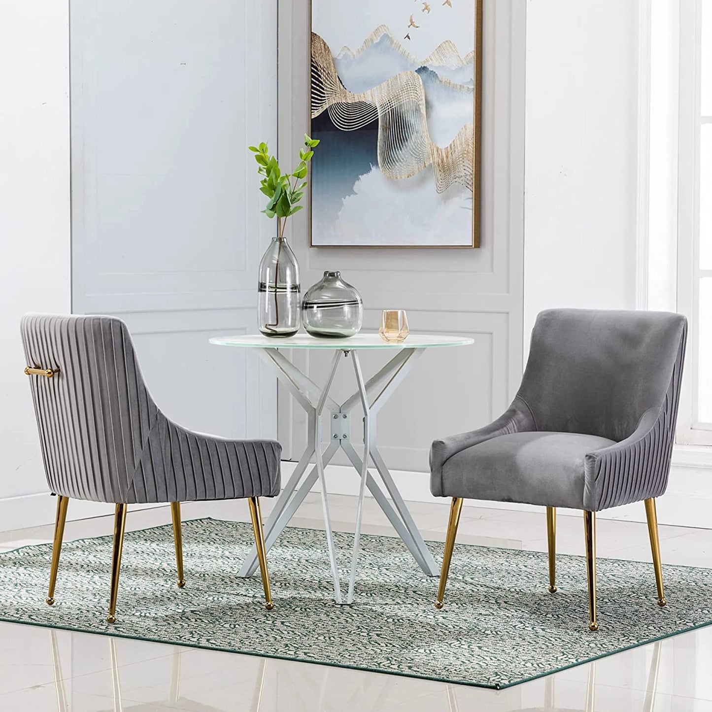 SEYNAR Modern Glam Boucle Pleated Velvet Dining Chair or Vanity Chair Set of 2 with Rear Handle