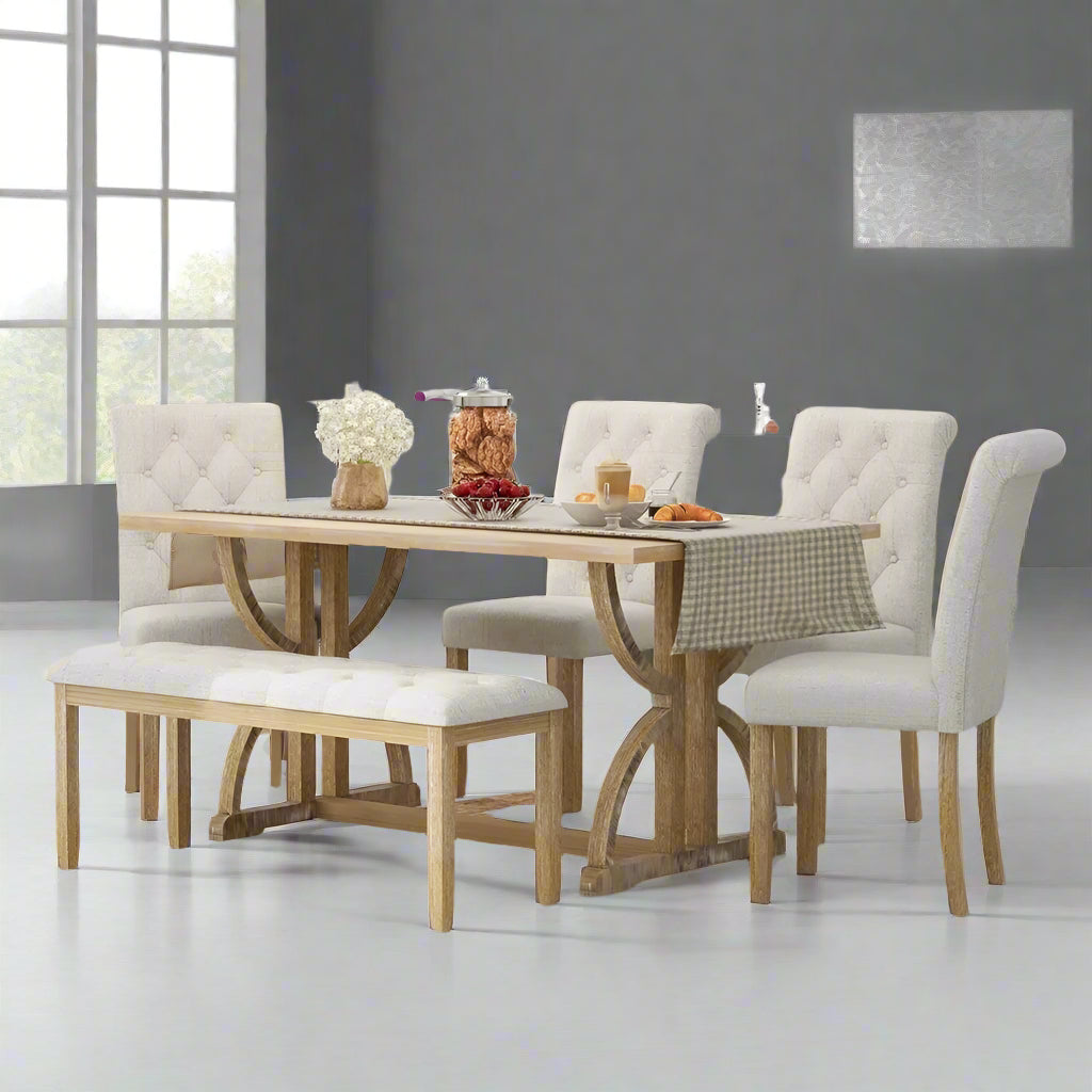 6 Pieces Wood Dining Table Set with Bench, Retro Rectangular Table with Unique Legs and 4 Upholstered Chairs & 1 Bench