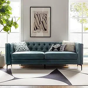 84" W Faux Leather Sofa Couch with Metal Legs, Button-Tufted 3-Seater Sofa, Mid Century Modern Upholstered Couch for Living Roo