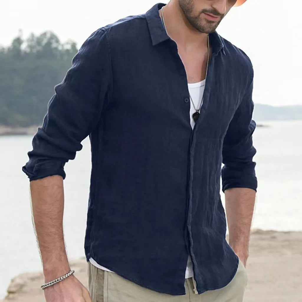 Men Summer New Solid Linen Long Sleeve Casual Shirt Single Breasted Collar Cotton Linen Lapel Tops Simplicity Long Sleeve Shirt