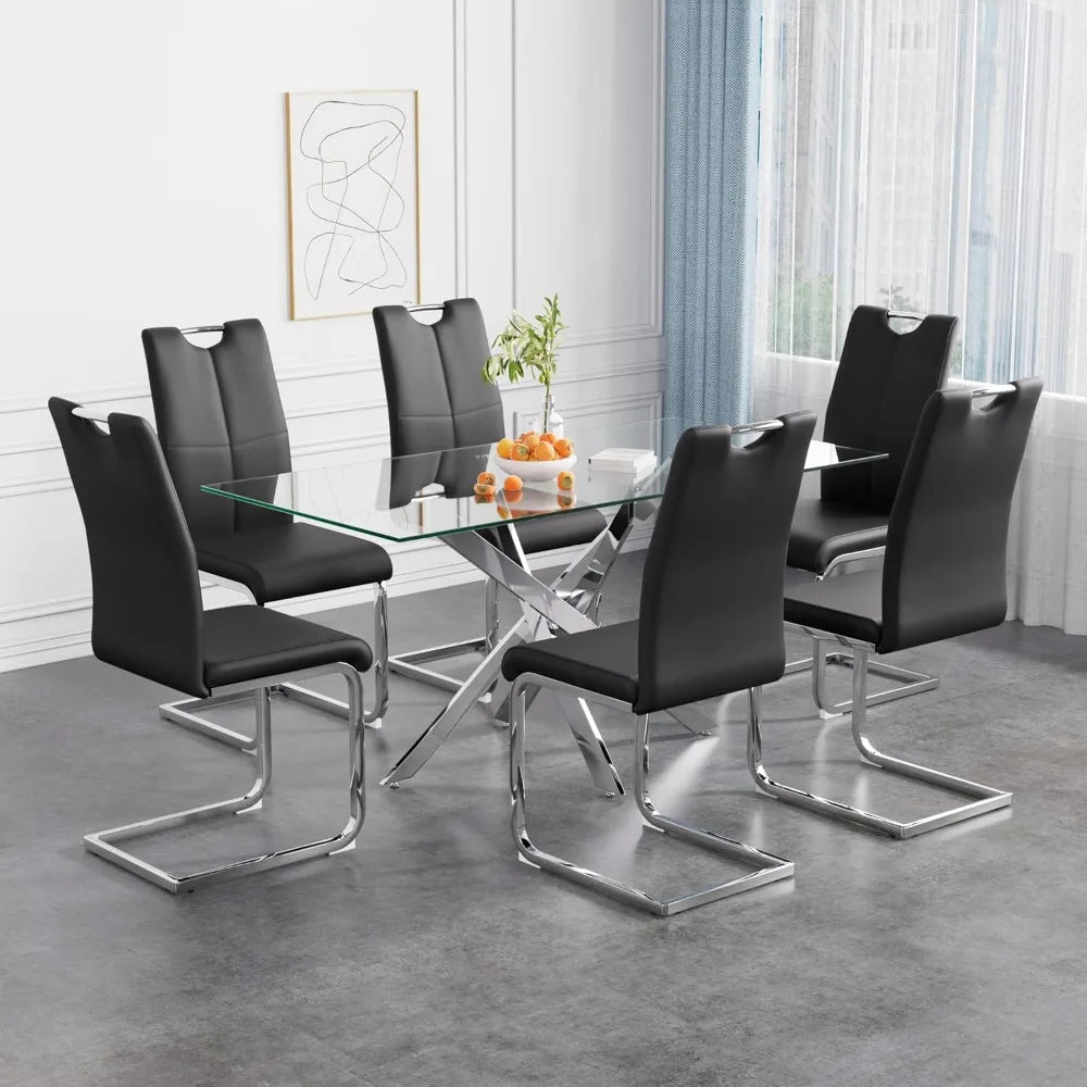 Dining Table Set for 6, Modern Tempered Glass Top Table and PU Leather Chairs, Black with Silver Base Dining Room Set