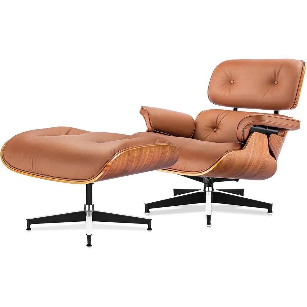 Top Black Grain Leather, Mid Century Chaise Lounge Chair and Ottoman, Modern Chair Classic Design, Walnut Wood, Heavy Duty Base