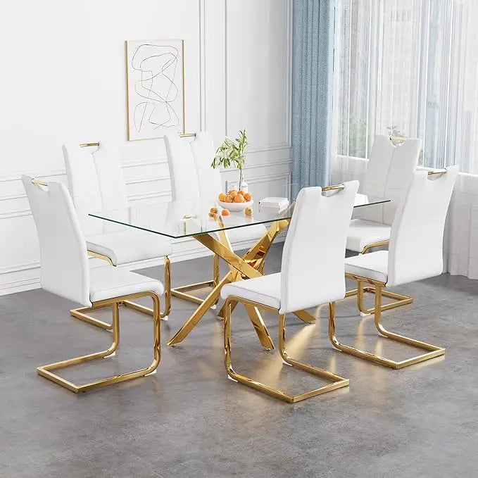 Dining Table Set for 6, Modern Tempered Glass Top Table and PU Leather Chairs, Black with Silver Base Dining Room Set