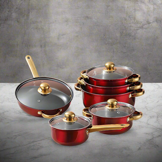 Red Cookware Set, 12-Piece ,Stainless Steel, Non-Stick, Kitchen Cookware Collection,Complete Kitchen Solution