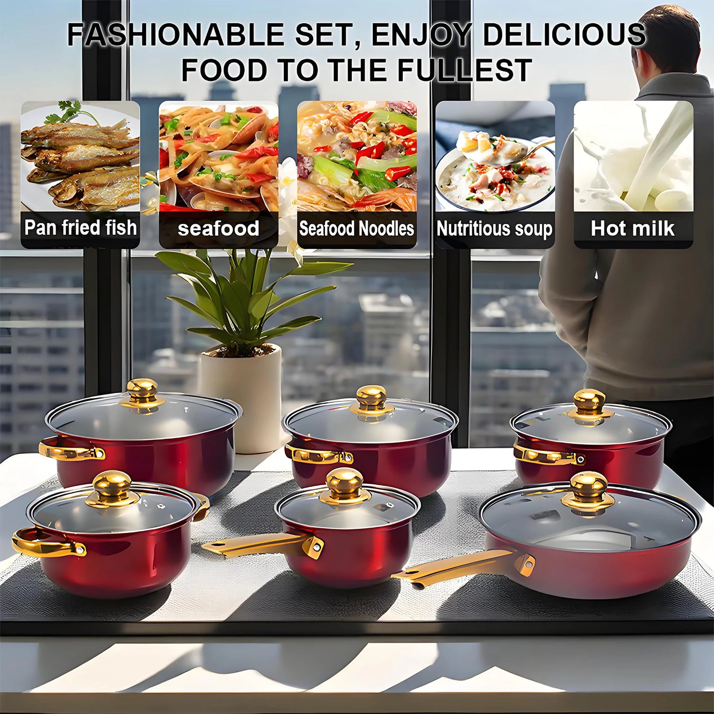 Red Cookware Set, 12-Piece ,Stainless Steel, Non-Stick, Kitchen Cookware Collection,Complete Kitchen Solution