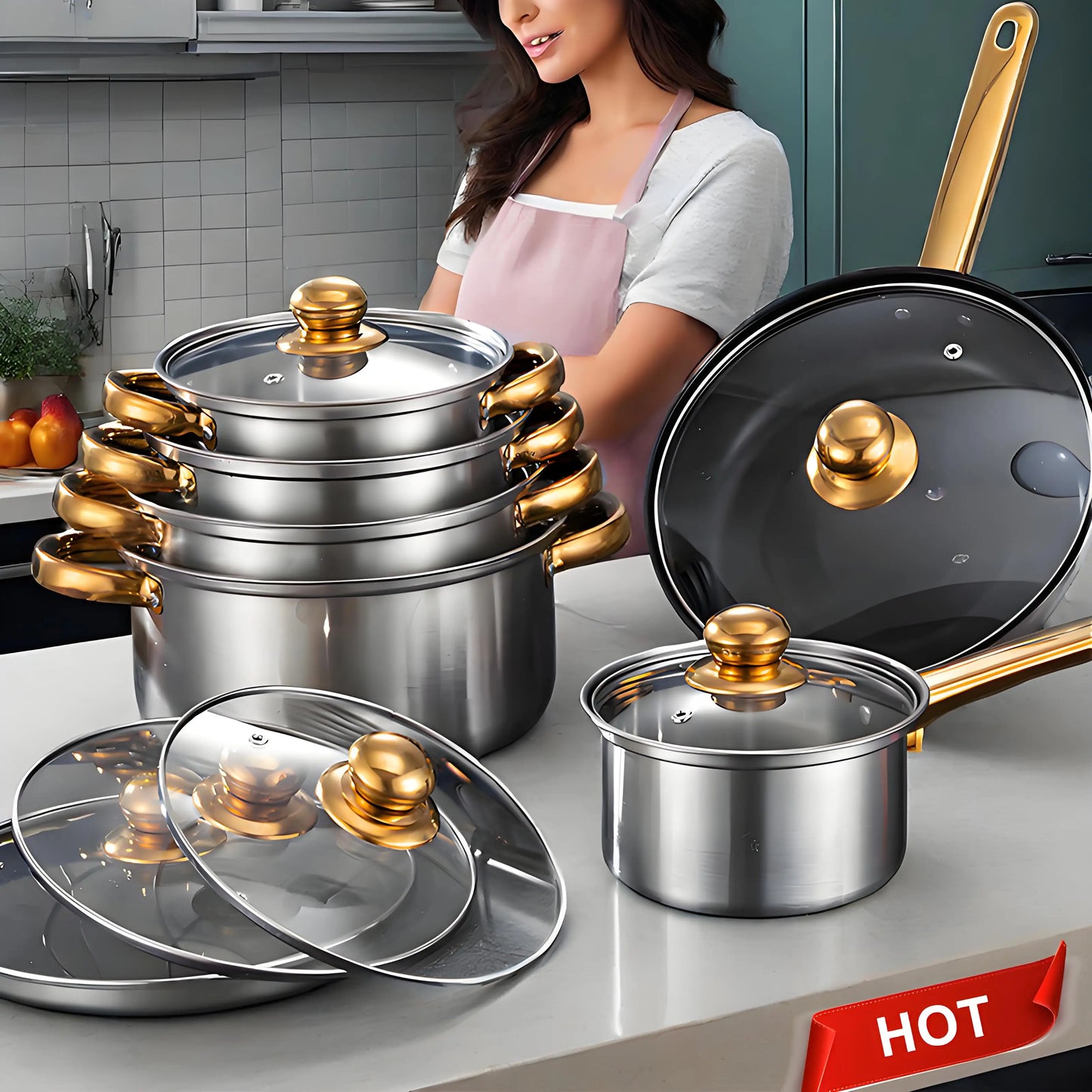 Red Cookware Set, 12-Piece ,Stainless Steel, Non-Stick, Kitchen Cookware Collection,Complete Kitchen Solution