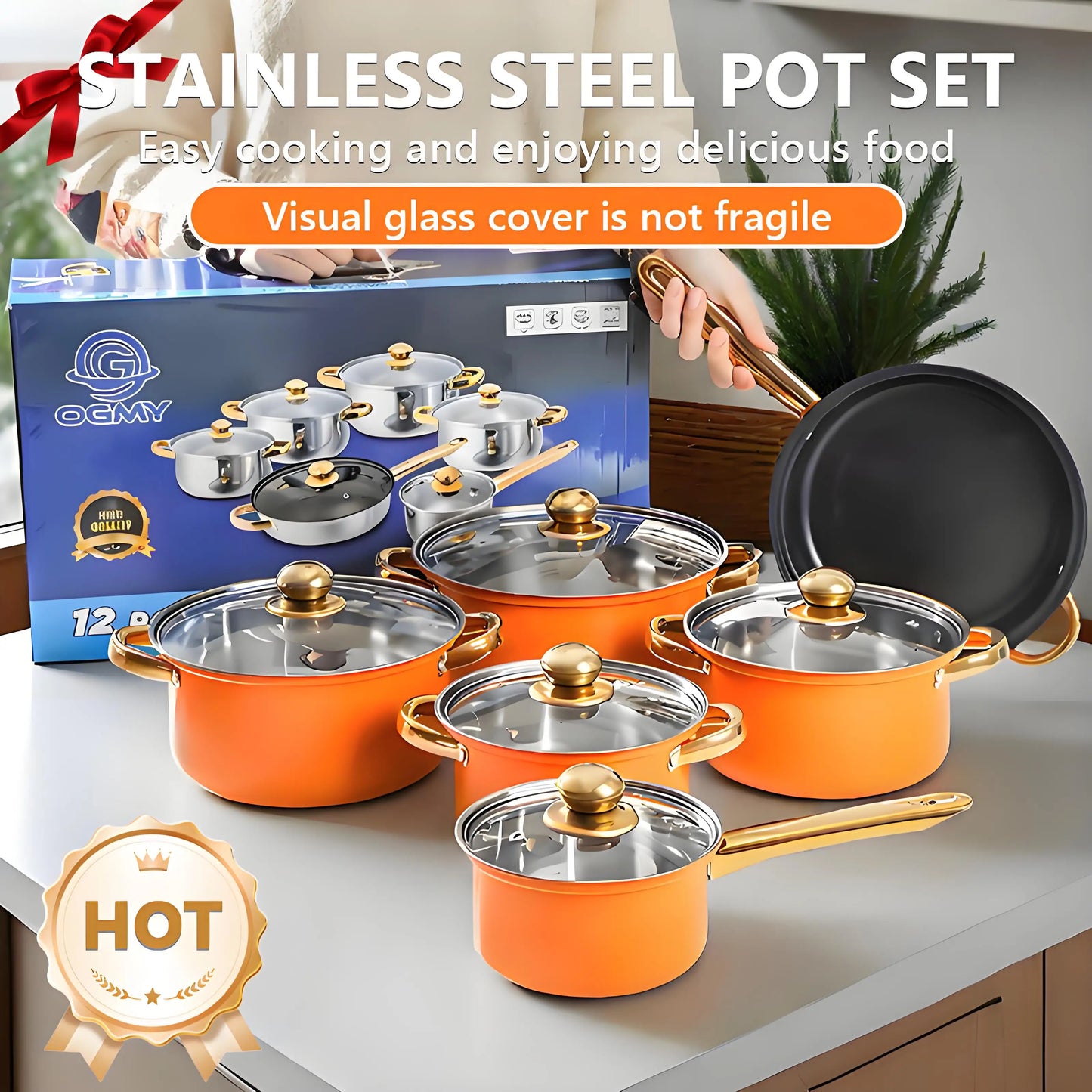 Red Cookware Set, 12-Piece ,Stainless Steel, Non-Stick, Kitchen Cookware Collection,Complete Kitchen Solution