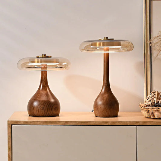 12W Lamp Luxury Copper Desktop LED Designer Wood Glass Desk Lamp For Bedroom Bedside Home Decorative Mushroom Night Table Light