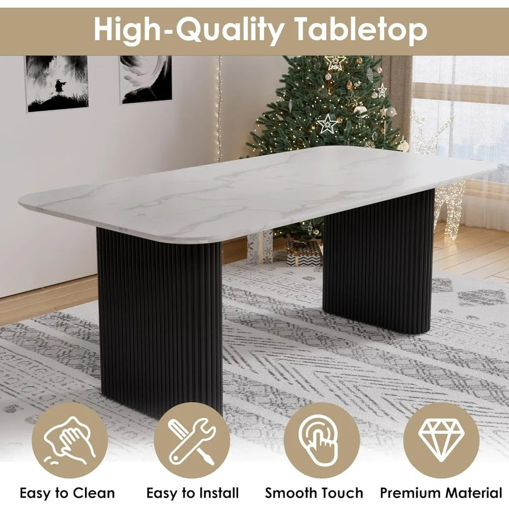 Modern Dining Table Set for 6, Faux Marble Dining Table & 6 Black Upholstered Boucle Chairs, 7 Piece Kitchen Table Chairs Set