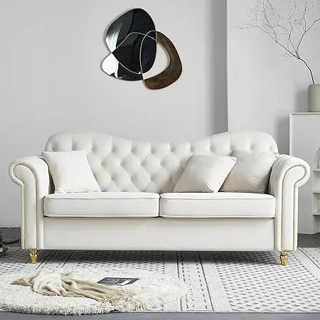 82.68'' Mid Century Loveseat Sofa, Modern Velvet Couch Chesterfield Sofa for Living Room, Hotel, Guest Room, Waiting Room, Beige