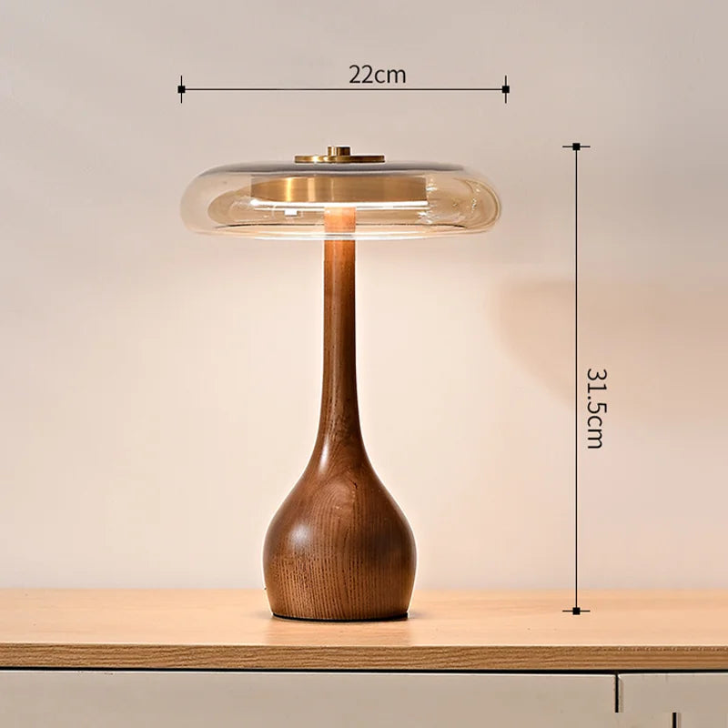 12W Lamp Luxury Copper Desktop LED Designer Wood Glass Desk Lamp For Bedroom Bedside Home Decorative Mushroom Night Table Light