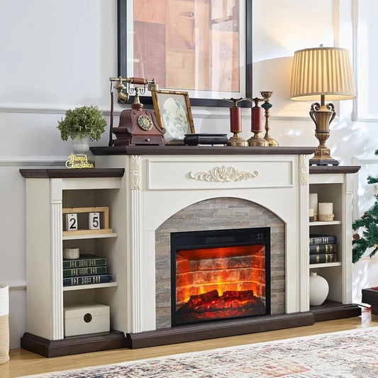 72" Electric Fireplace with Mantel, Farmhouse TV Stand for TVs Up to 80 Inch, White Entertainment Center with Storage for Bedroo