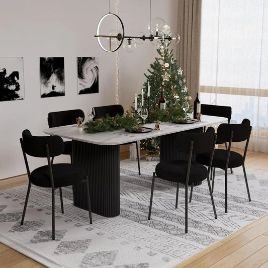 Modern Dining Table Set for 6, Faux Marble Dining Table & 6 Black Upholstered Boucle Chairs, 7 Piece Kitchen Table Chairs Set