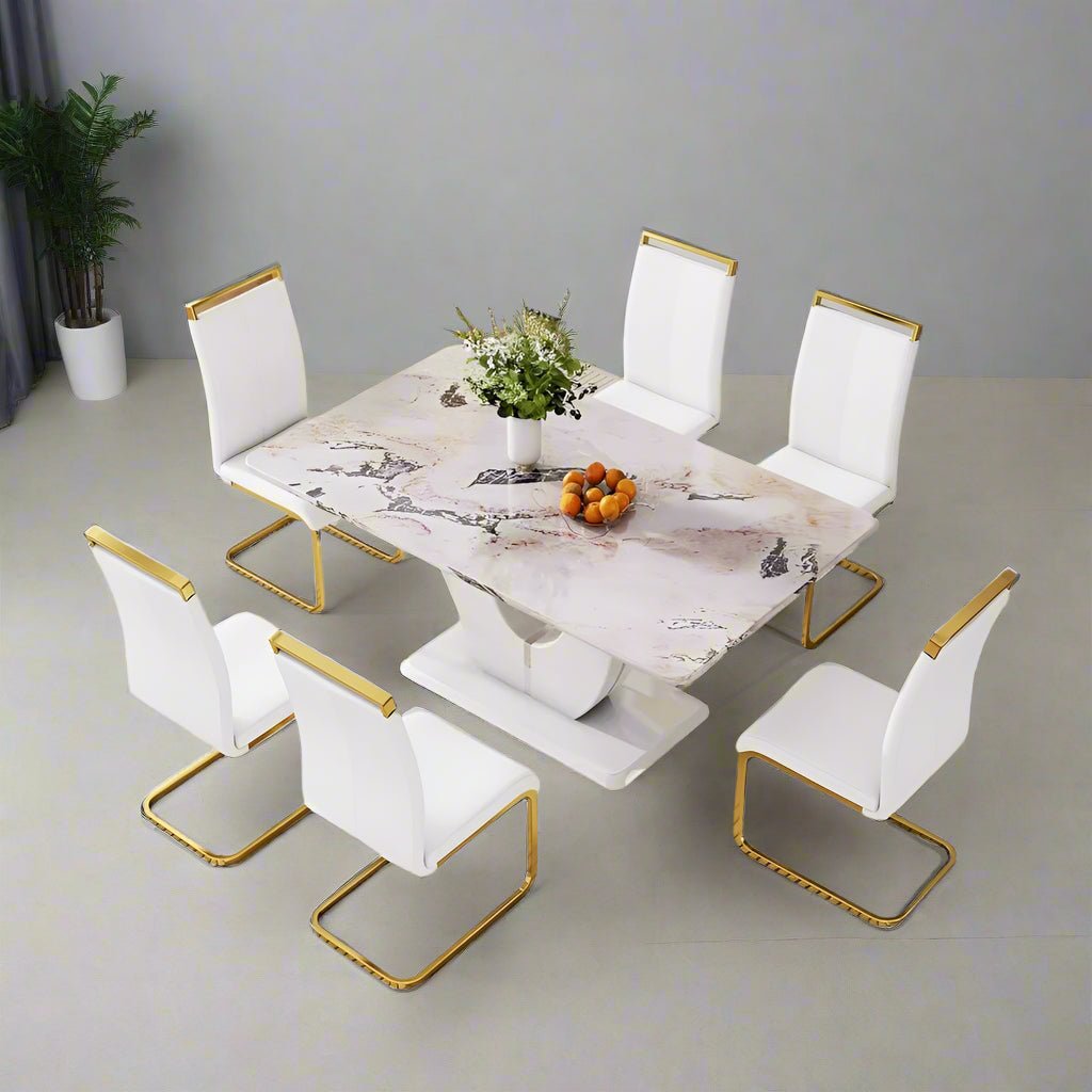 Dining Table Set for 6, with 63 Inch Marble Dinner Table Leather Upholstered Chairs,  Modern Dining Room Set
