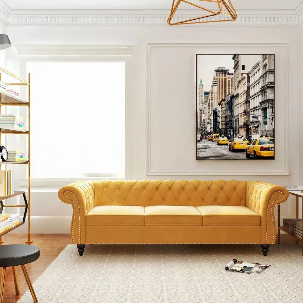 Velvet Tufted Rolled Arms and Nailhead Sofa