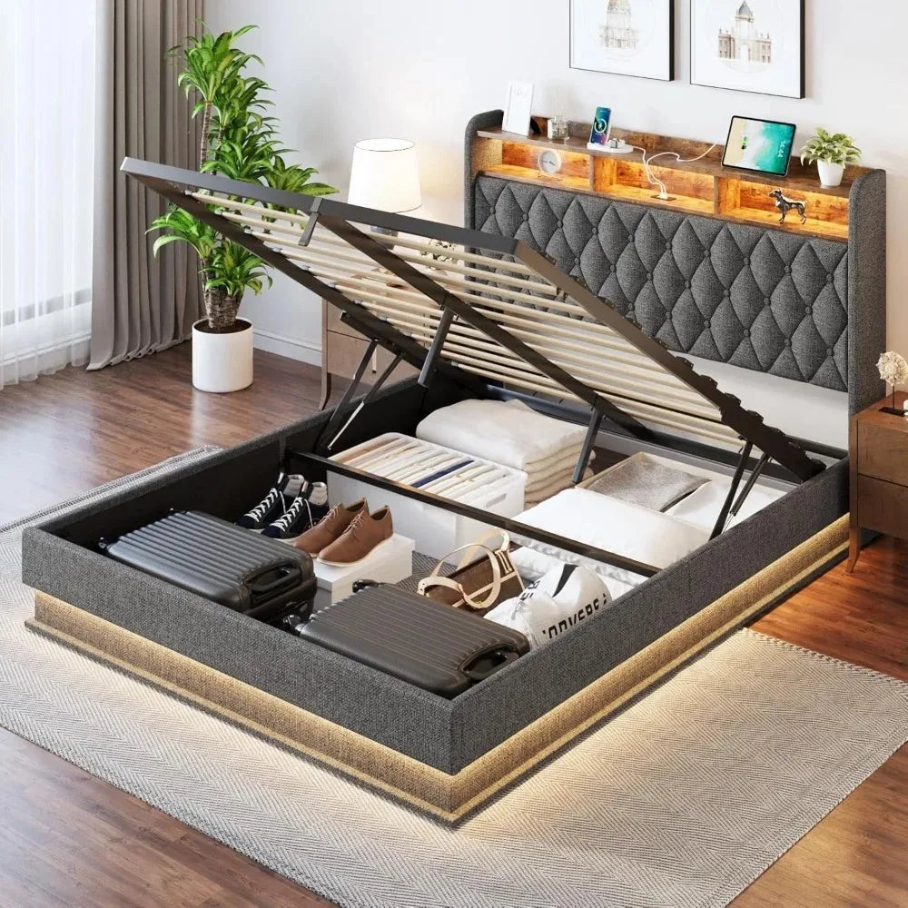 Lift Up Platform Bed Frame with LED Lights & Charging