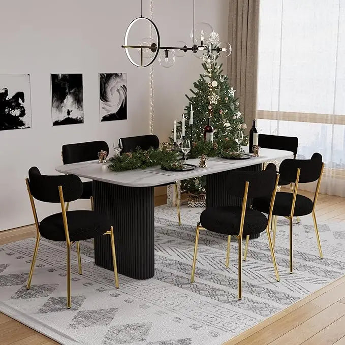 Modern Dining Table Set for 6, Faux Marble Dining Table & 6 Black Upholstered Boucle Chairs, 7 Piece Kitchen Table Chairs Set