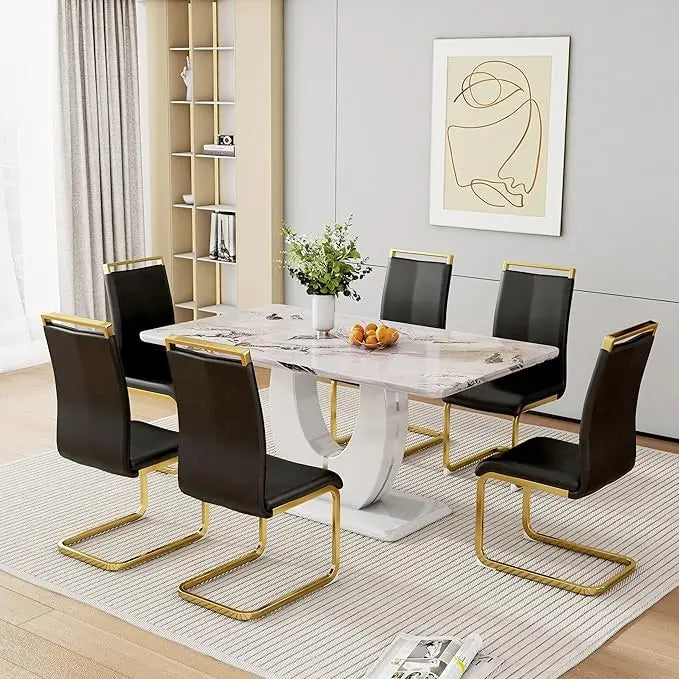 Dining Table Set for 6, with 63 Inch Marble Dinner Table Leather Upholstered Chairs,  Modern Dining Room Set