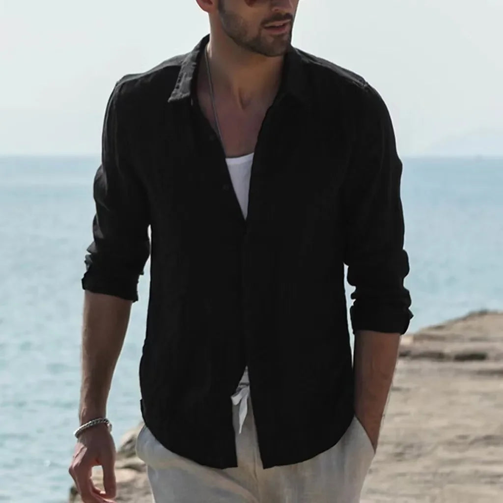 Men Summer New Solid Linen  Long Sleeve Casual Shirt Single Breasted Collar Cotton Linen Lapel Tops Simplicity Long Sleeve Shirt