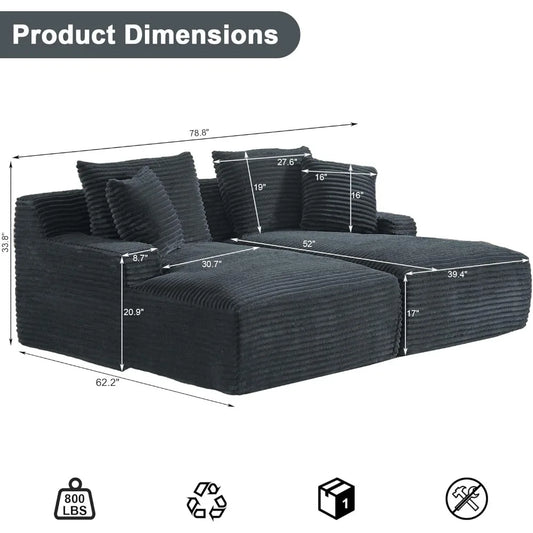 78” Oversized Double Chaise Lounge Indoor, Corduroy Sleeper Sectional Couch, Upholstered Boneless Cloud Sofa Deep Seat, Comfy Pl