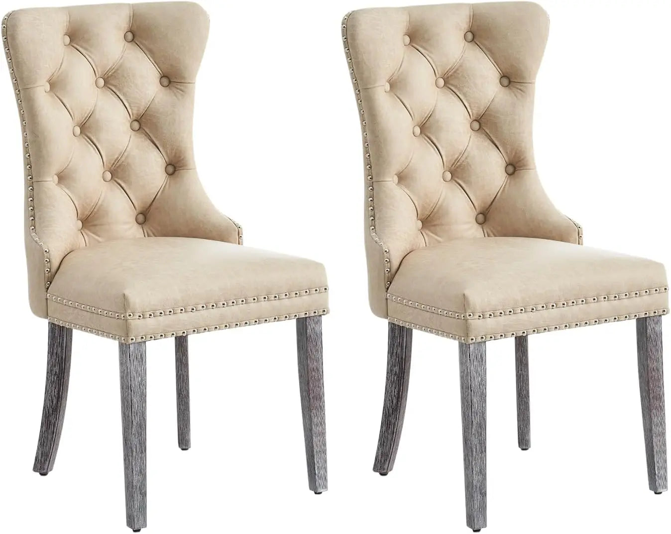 Leather Dining Chair Set of 6, Dining Room Chairs with Nailhead Ring Pull Trim, Upholstered Dining Chairs with Solid Wood Legs