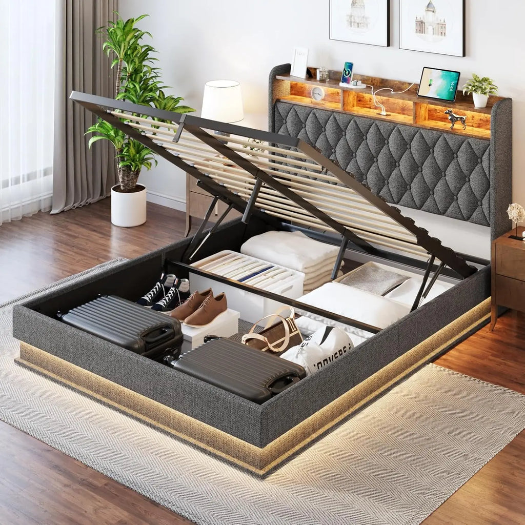 Lift Up Platform Bed Frame with LED Lights & Charging