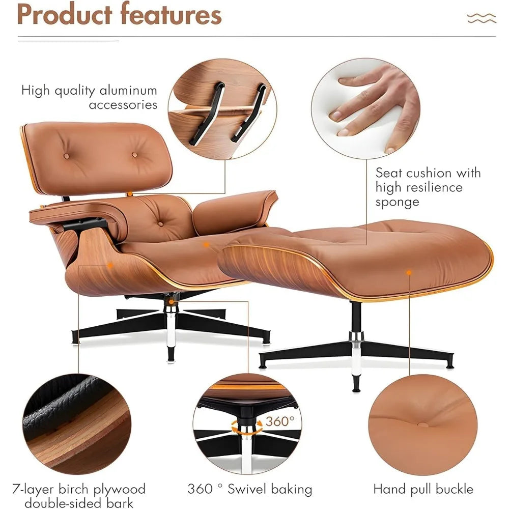Top Black Grain Leather, Mid Century Chaise Lounge Chair and Ottoman, Modern Chair Classic Design, Walnut Wood, Heavy Duty Base