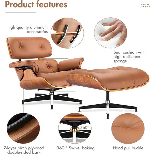 Top Black Grain Leather, Mid Century Chaise Lounge Chair and Ottoman, Modern Chair Classic Design, Walnut Wood, Heavy Duty Base