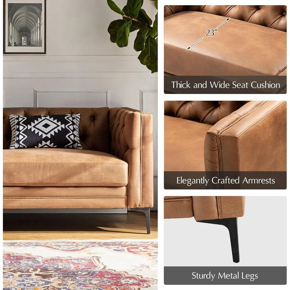 84" W Faux Leather Sofa Couch with Metal Legs, Button-Tufted 3-Seater Sofa, Mid Century Modern Upholstered Couch for Living Roo