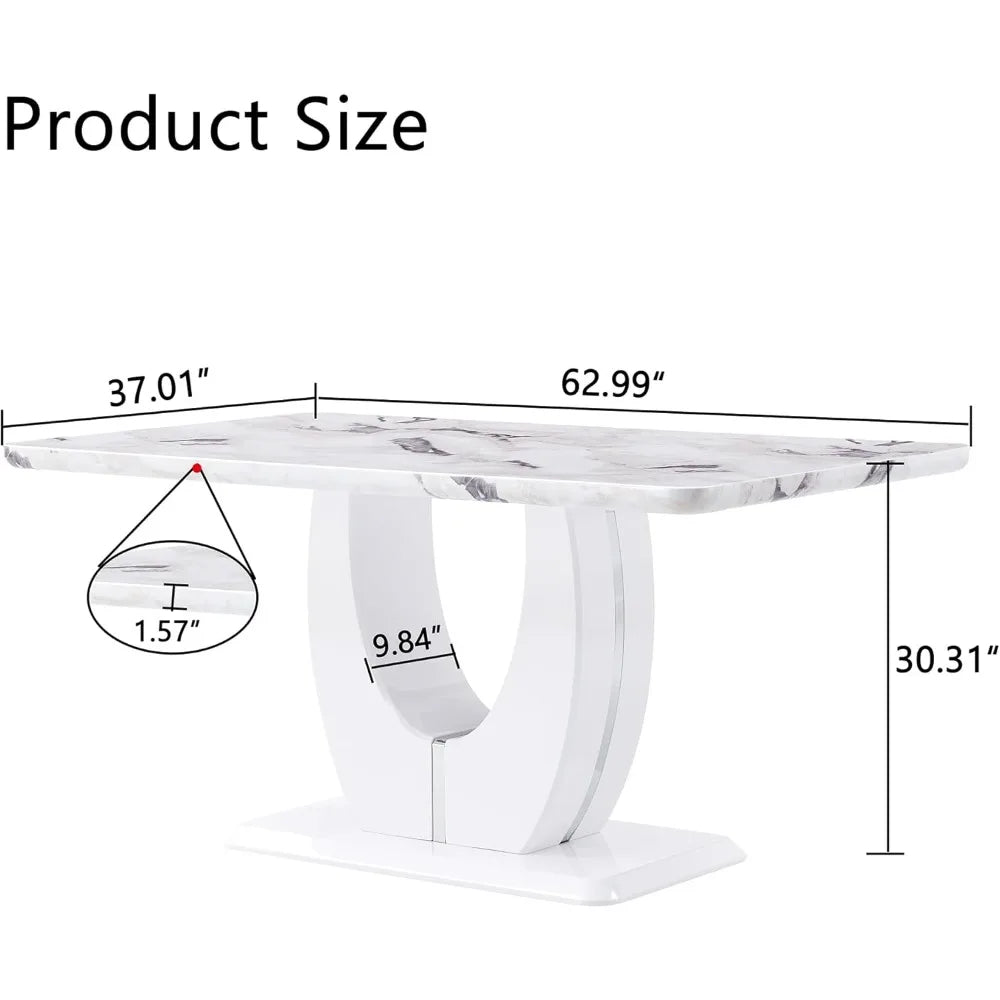 Dining Table Set for 6, with 63 Inch Marble Dinner Table Leather Upholstered Chairs,  Modern Dining Room Set