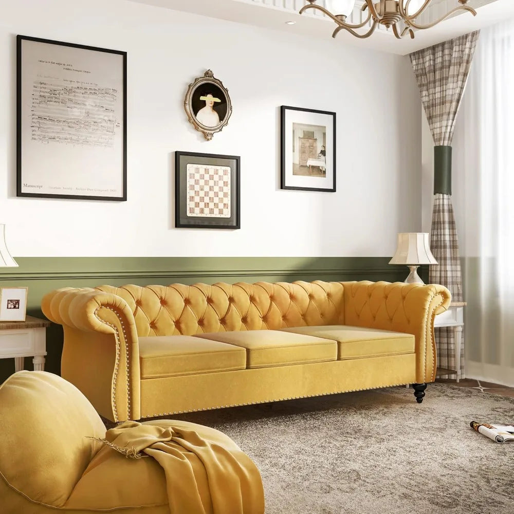 Velvet Tufted Rolled Arms and Nailhead Sofa