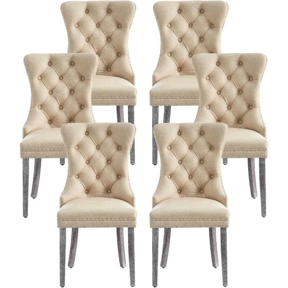 Leather Dining Chairs Set of 6, Upholstered Dining Chair with Nailhead Trim and Solid Wood Legs, Luxury Wingback Dining Side