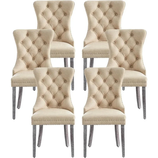 Leather Dining Chairs Set of 6, Upholstered Dining Chair with Nailhead Trim and Solid Wood Legs, Luxury Wingback Dining Side